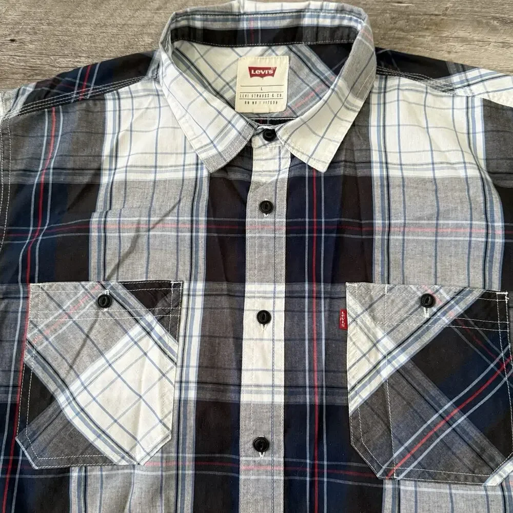 Levi’s Shirt Mens Large Blue Plaid Button Up Cotton Blend Woven Pockets